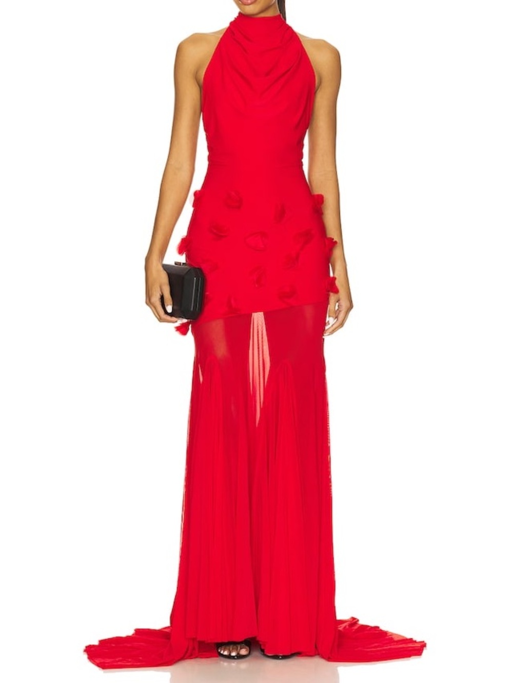 Deme by Gabriella Celeste Gown Floral Appliqué Halter Mesh Train Evening Gown